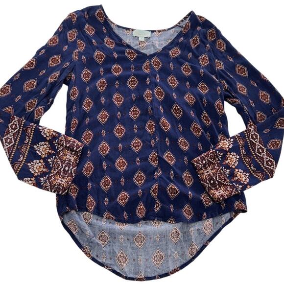 Veronica M Shirt Womens Small Blue Boho Long Sleeve Diamond Print Blouse Top - Picture 1 of 5